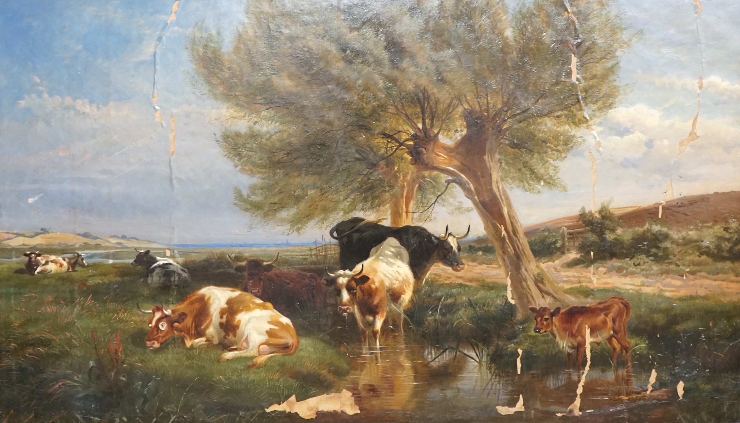 After Thomas Sidney Cooper (1803-1902), oil on canvas, Pastoral landscape with cattle by a pond, inscribed plaque to the frame, 64 x 110cm (badly water damaged)